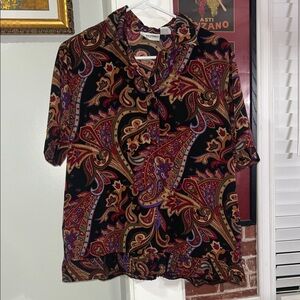 Alfred Dunner Black Paisley Button-Down Shirt with Red and Gold Accents